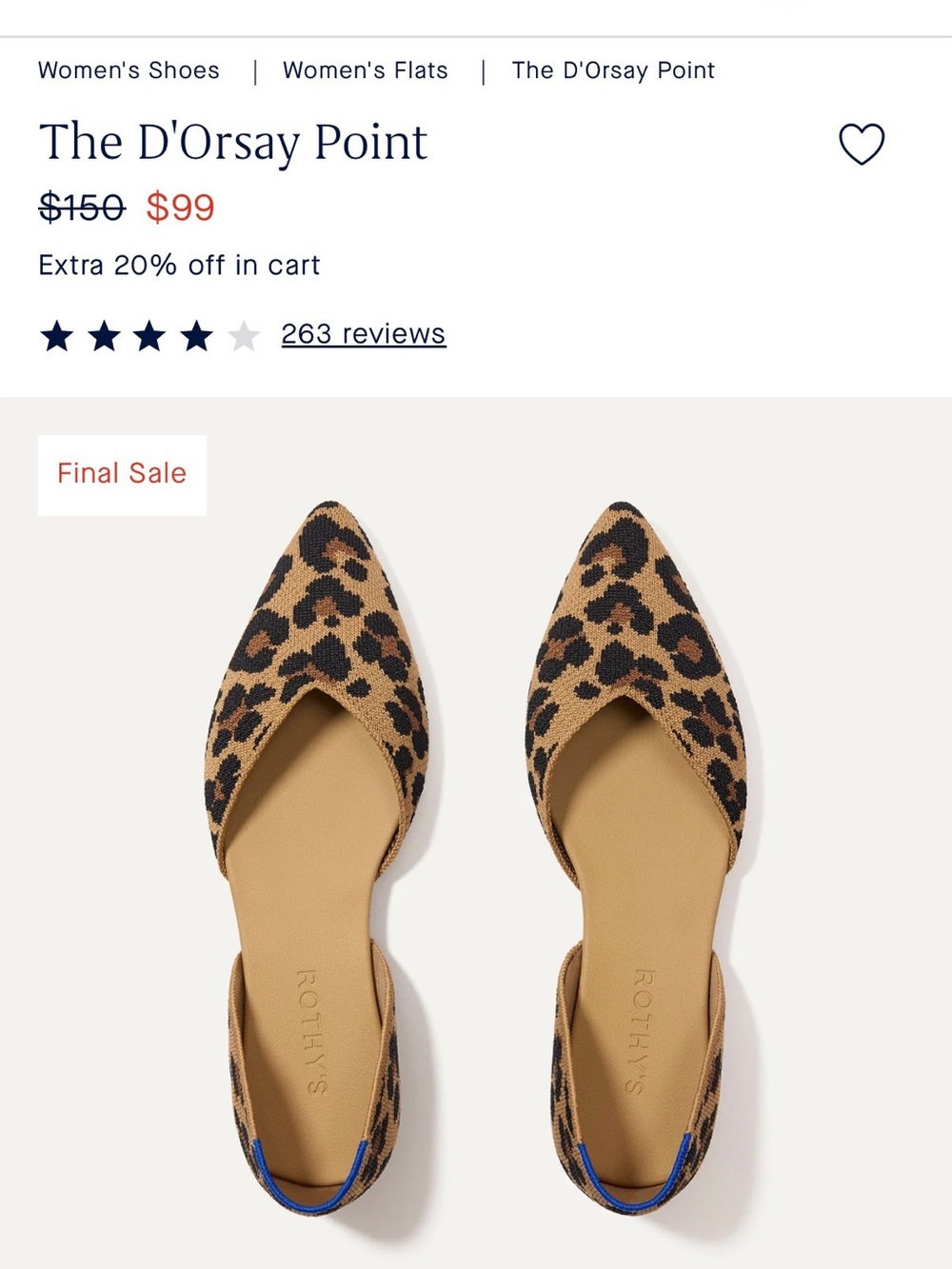 Rothy's Leopard Print Pointed D'Orsay Flats - Tan & Black with Blue Trim - Picture 8 of 9